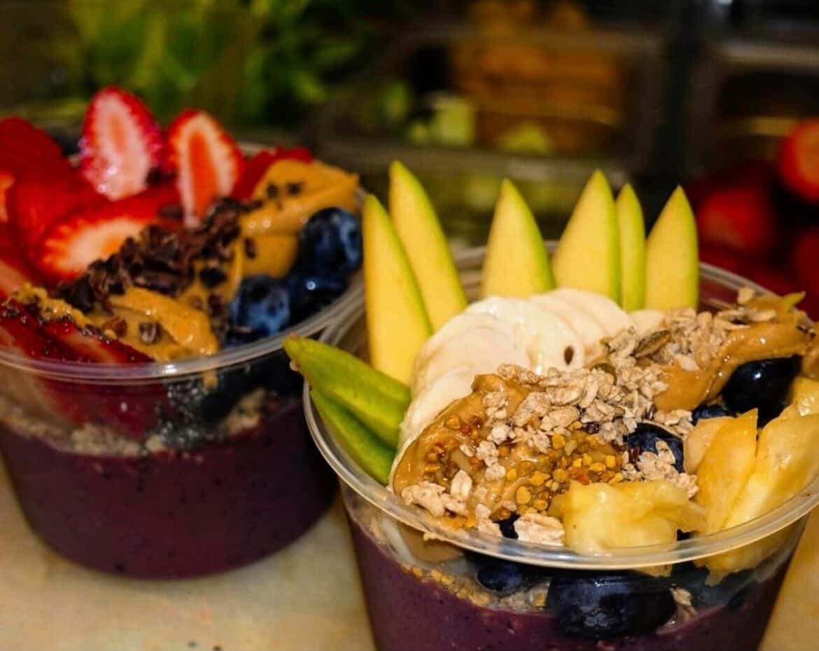 Casa Fiesta fresh açaí bowls with mango, strawberries, granola and peanut butter